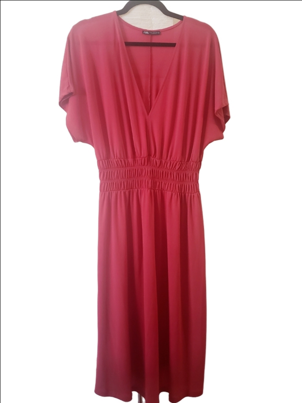 ZARA Coral Midi Dress V-Neck Shirred Waist Fit & Flare Flowy Summer Size M